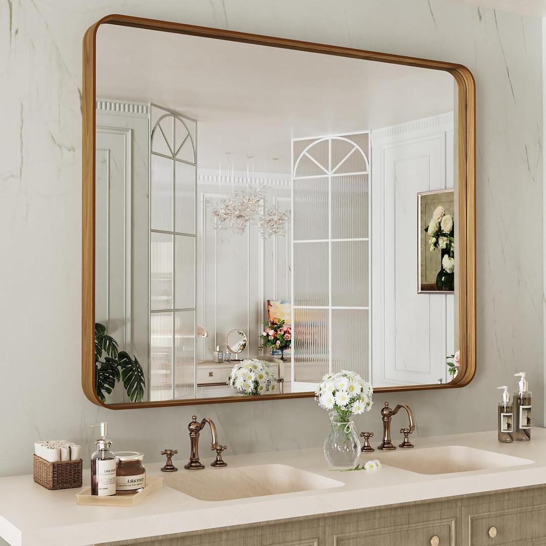 LOAAO 40X24 Inch Bathroom Mirror with Wood Grain Colored Metal Frame, Rounded Rectangle Metal Framed Bathroom Mirror, Anti-Rust, Hangs Horizontally or Vertically