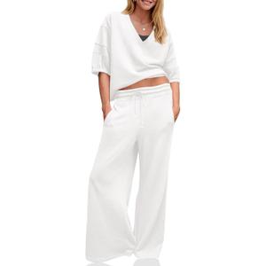 Fisoew Womens 2 Piece Outfits Casual V Neck Shirts Wide Leg Running Long Pants Loose Workout Tracksuit Sets (White, S)