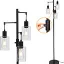 3 Lights Floor Lamp, Industrial Tree Lamp for Living Room Bedroom, Black Modern Dimmable Farmhouse Standing Lamp, Tall Pole with Clear Glass Shade