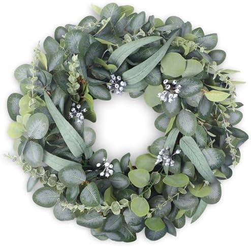 24" Eucalyptus Wreath for Front Door, Artificial Green Spring/Summer Wreaths with Willow Leaves and Berries for All Seasons, Farmhouse Wreath for Window, Fence, Porch, Wedding Decor