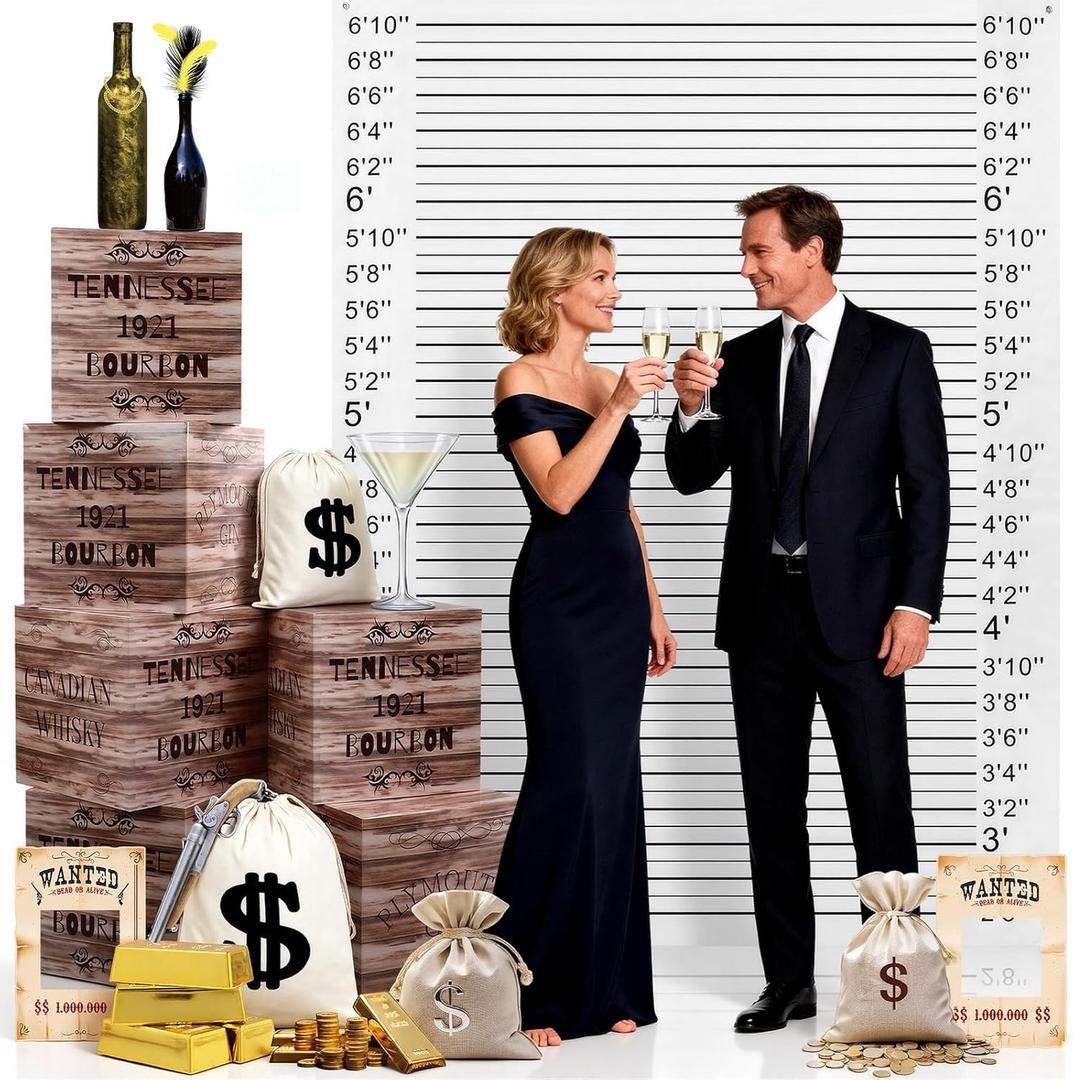 Eaasty 19 Pcs Roaring 20s Party Decorations Photo Booth Props Speakeasy Decor Height Chart Backdrop Wood Grain Boxes Wanted Sign Dollar Sacks for Retro Jazz Twenties 1920 Party Decor