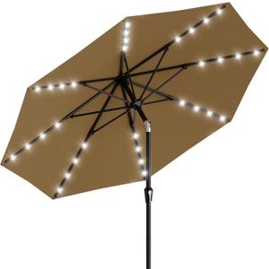 AreShark 9FT Patio Umbrella with Solar Lights, 32 Lighted Pool Umbrella w/Tilt and Crank, Outdoor Market Solar Umbrellas for Garden, Deck, Backyard, Pool and Beach, Khaki