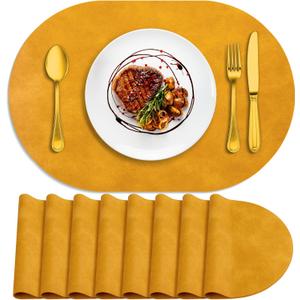 ADRIMER Placemats, Heat Resistant Oval Placemats Set of 8 Washable 12 x 17 Inch, Waterproof Table Mats, Wipeable Pu Place Mats for Kitchen, Dining Room, Yellow