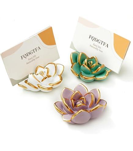 Marsui 2 Pcs Succulent Business Card Holders Desk Pink Purple Modern Name Card Holders for Women Lotus Flower Decorative Tabletop Display Stand Postcard Display Organizer Decor Gift for Office Store Color May Vary
