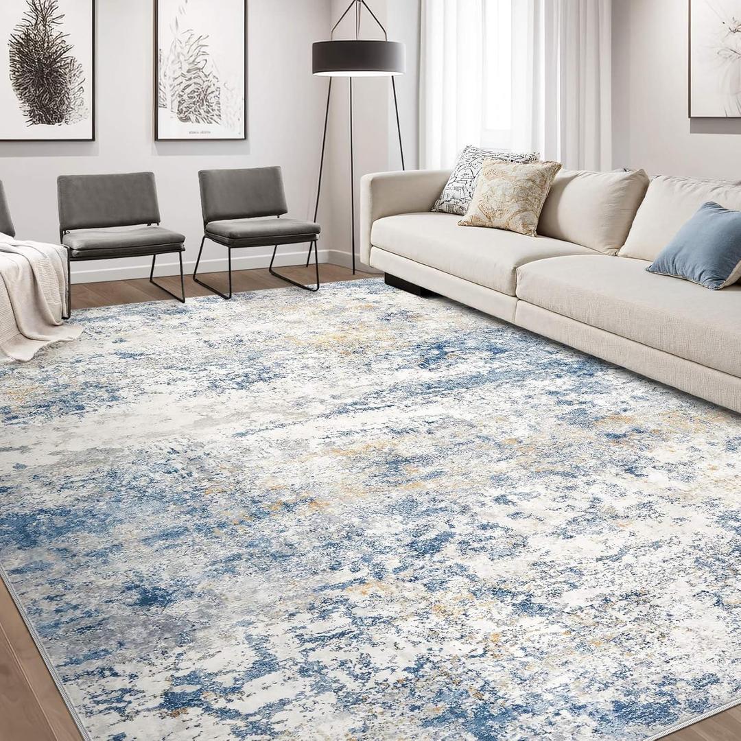 Area Rug Living Room Rugs - 8x10 Abstract Large Soft Indoor Washable Rug Neutral Modern Low Pile Carpet for Bedroom Dining Room Farmhouse Home Office - Blue