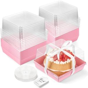 ZORRITA 7 x 7 x 4 Inches Paper Cake Boxes with Clear Lids, 20 Pack Disposable Charcuterie Boxes Square Food Containers for 4-6 Inch Cake, Dessert, Pie, Cupcake, Bakery (Pink)
