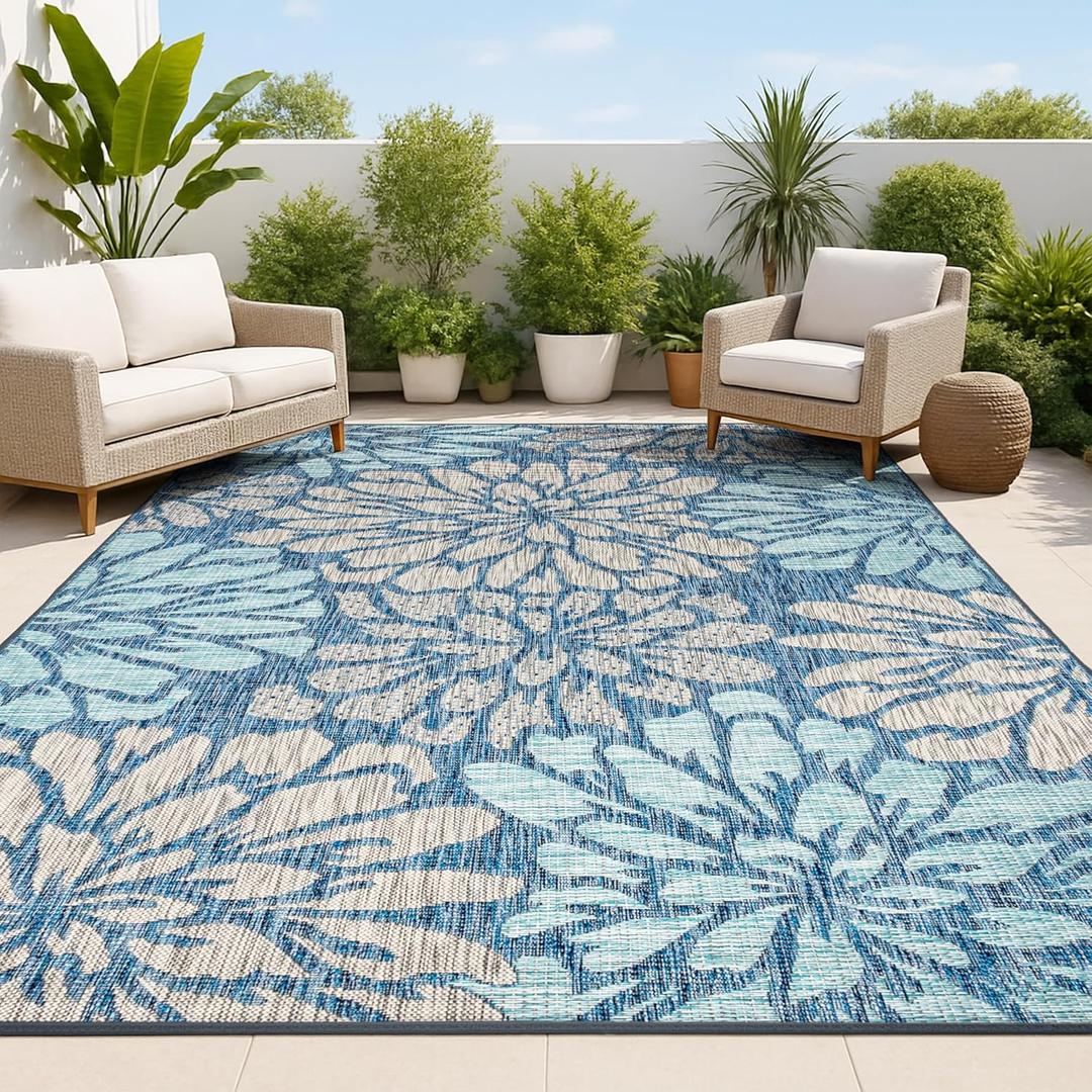 JONATHAN Y SMB110C-8 Zinnia Modern Floral Textured Weave Indoor Outdoor Area-Rug Bohemian Coastal Easy-Cleaning Bedroom Kitchen Backyard Patio Non Shedding, 8 X 10, Navy/Aqua (7'9" x 10' (Rectangular))