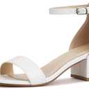 PARTY Women's Open Toe Ankle Strap Low Block Chunky Heels Sandals, White, Size 5.5