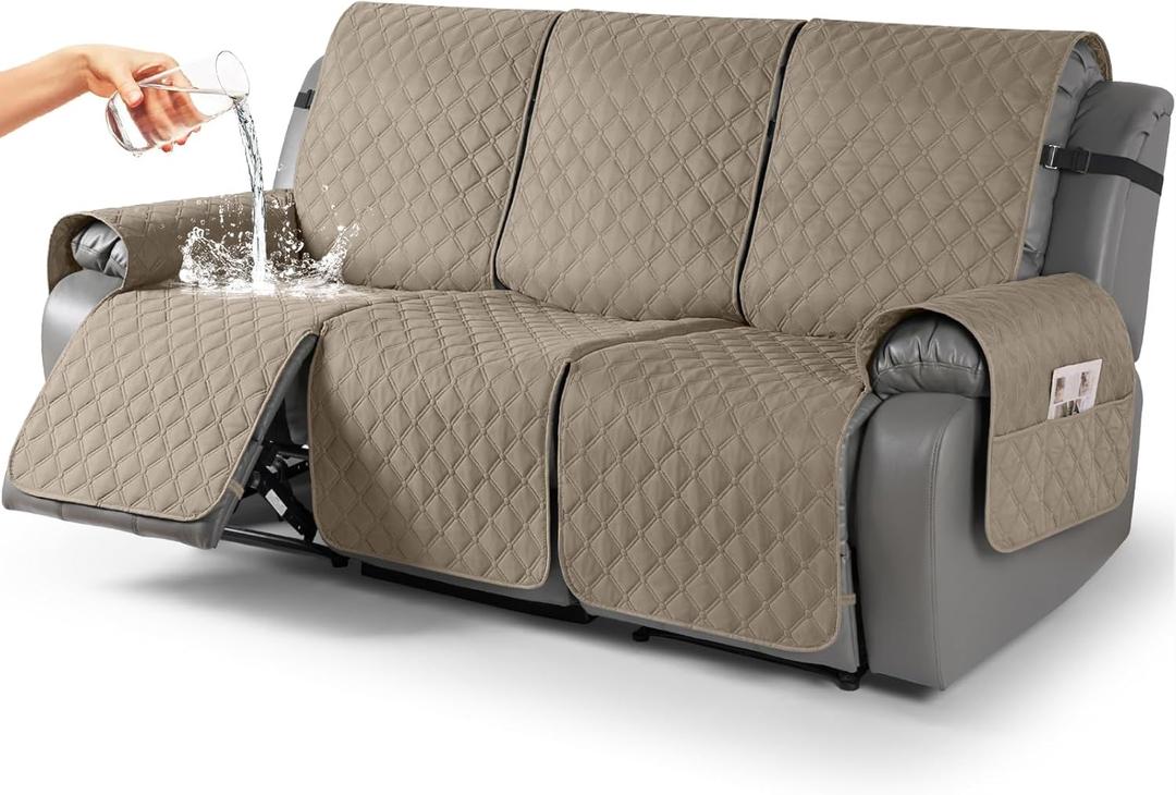 TAOCOCO 100% Waterproof Recliner Covers, Recliner Sofa Covers with Leg Straps, Reversible Recliner Couch Cover for Reclining Chair, Washable Couch Protector for Pets Kids(3 Seater, Taupe)