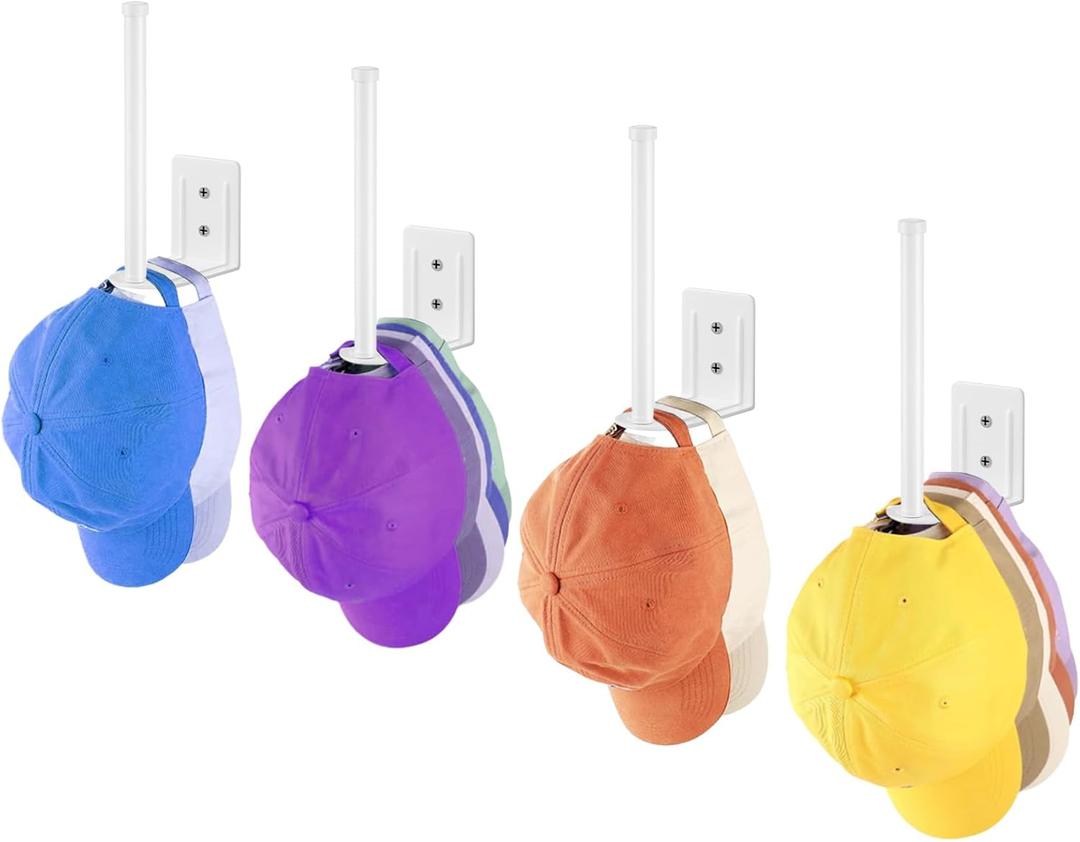 4 Pack Stainless Steel Hat Organizer for Baseball Caps, Baseball Cap Organizer, Strong Adhesive/Wall Drilled Hat Rack for Wall/Hat Hooks, Hat Hanger for Door,Bedroom,Closet(White)