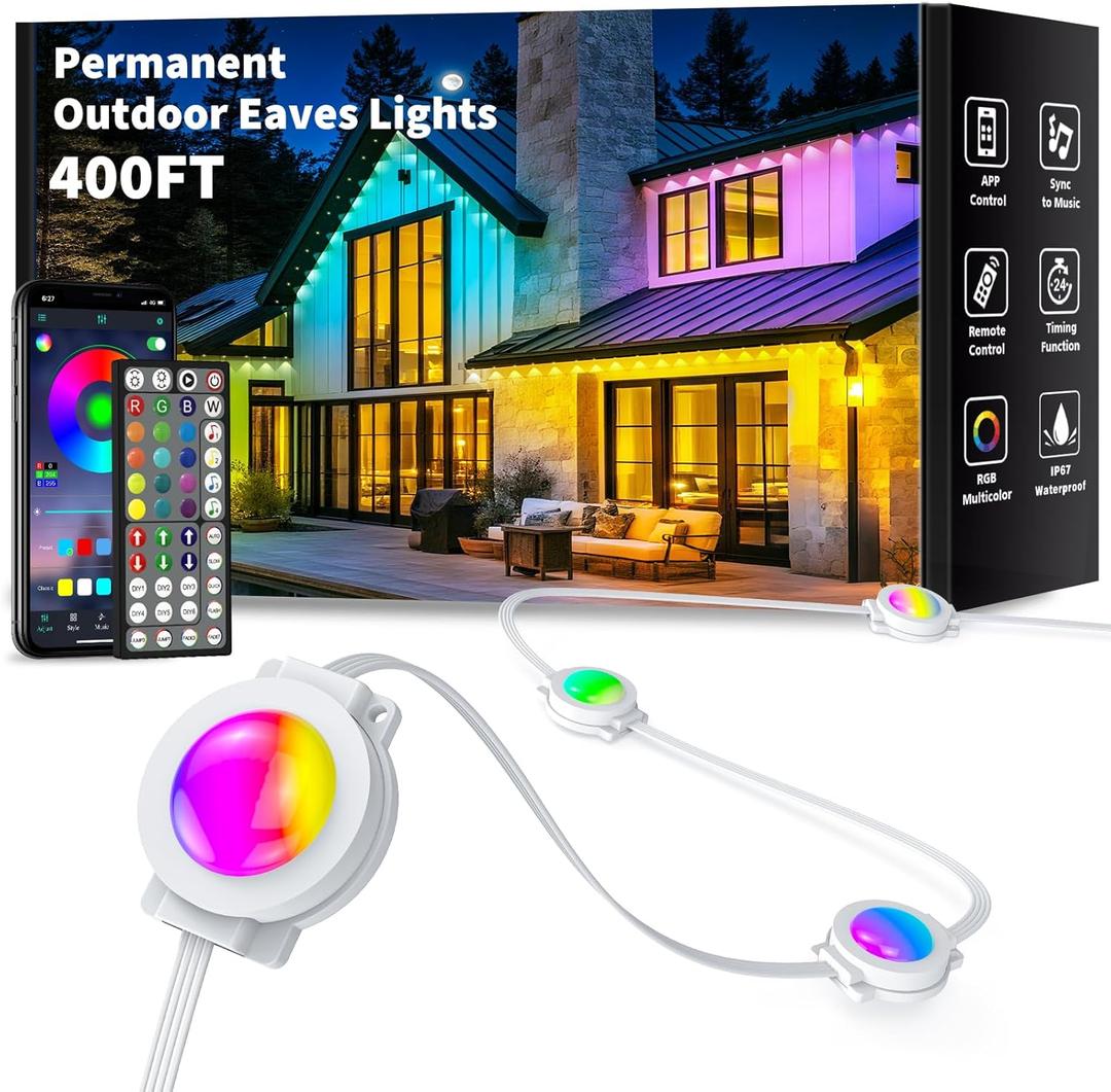 400FT Permanent Outdoor Lights Waterproof, Smart RGB Eaves Lights with App/Remote Control, DIY Scene Modes, LED Outdoor Lighting for Christmas Holidays Daily Party House Roof Lighting