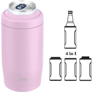 4-in-1 Skinny Can Cooler Double Wall Stainless Steel Insulated Can Holder,Can Coozie, Works With 12 Oz Slim Can,Standard Cans,Beer Bottles & As Pint Cups (Pink)