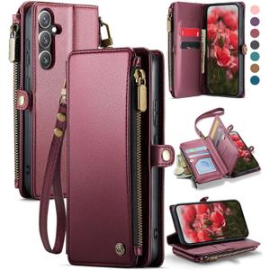 Defencase Compatible with Samsung Galaxy S24 Case Wallet with RFID Blocking Card Holder for Women Men, PU Leather Magnetic Snap Flip Zipper Strap Wallet Phone Case Fit for Galaxy S24 6.2", Wine Red