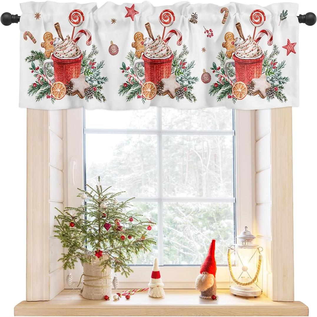 Christmas Valances for Windows Gingerbread Candy Cane Christmas Kitchen Curtain Valances Rod Pocket Xmas Ball Window Curtain Treatment Topper Curtains Seasonal Valance Christmas Decor, 42x12 Inch