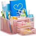 Marbrasse Mesh Desk Organizer, Pen Organizer with 2 Drawer, Multi-Functional Pencil Holder, Desk Organizers and Accessories with 5 Compartments + Drawer for Office Art Supplies (Pink)