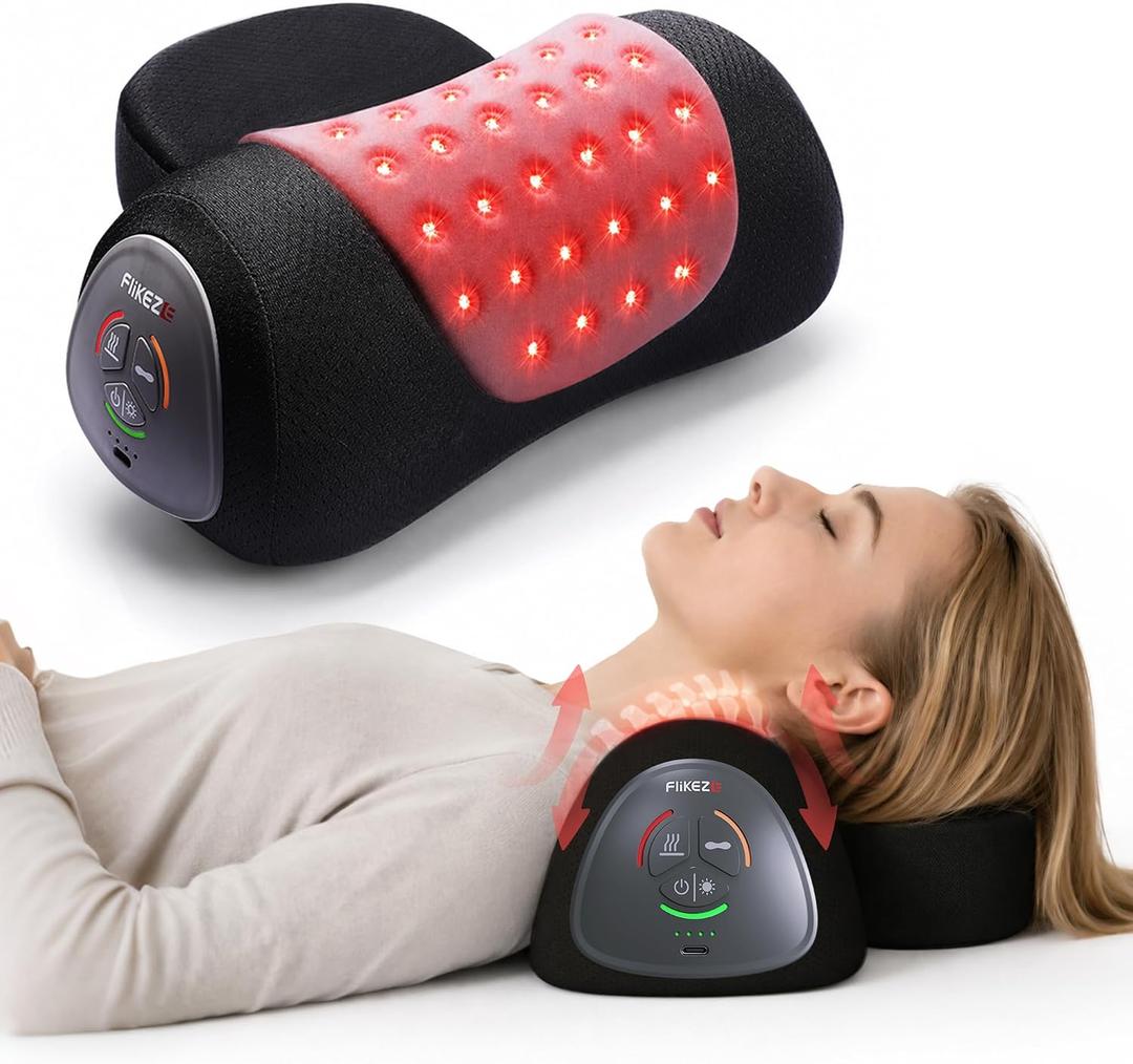 FliKEZE Neck Support Pillow with Air Lift Massage | Dynamic air lift support with dual-wavelength red light, gentle heat, cordless design and removable small pillow, Black