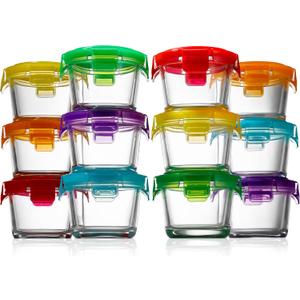 NutriChef 24-Piece (12 Glass Food Storage Containers and 12 Lids), 4.48oz Mini Stackable Meal Prep Round Containers - Microwave, Freezer, & Dishwasher Safe For Food, Snacks, Fruits, Nuts & More