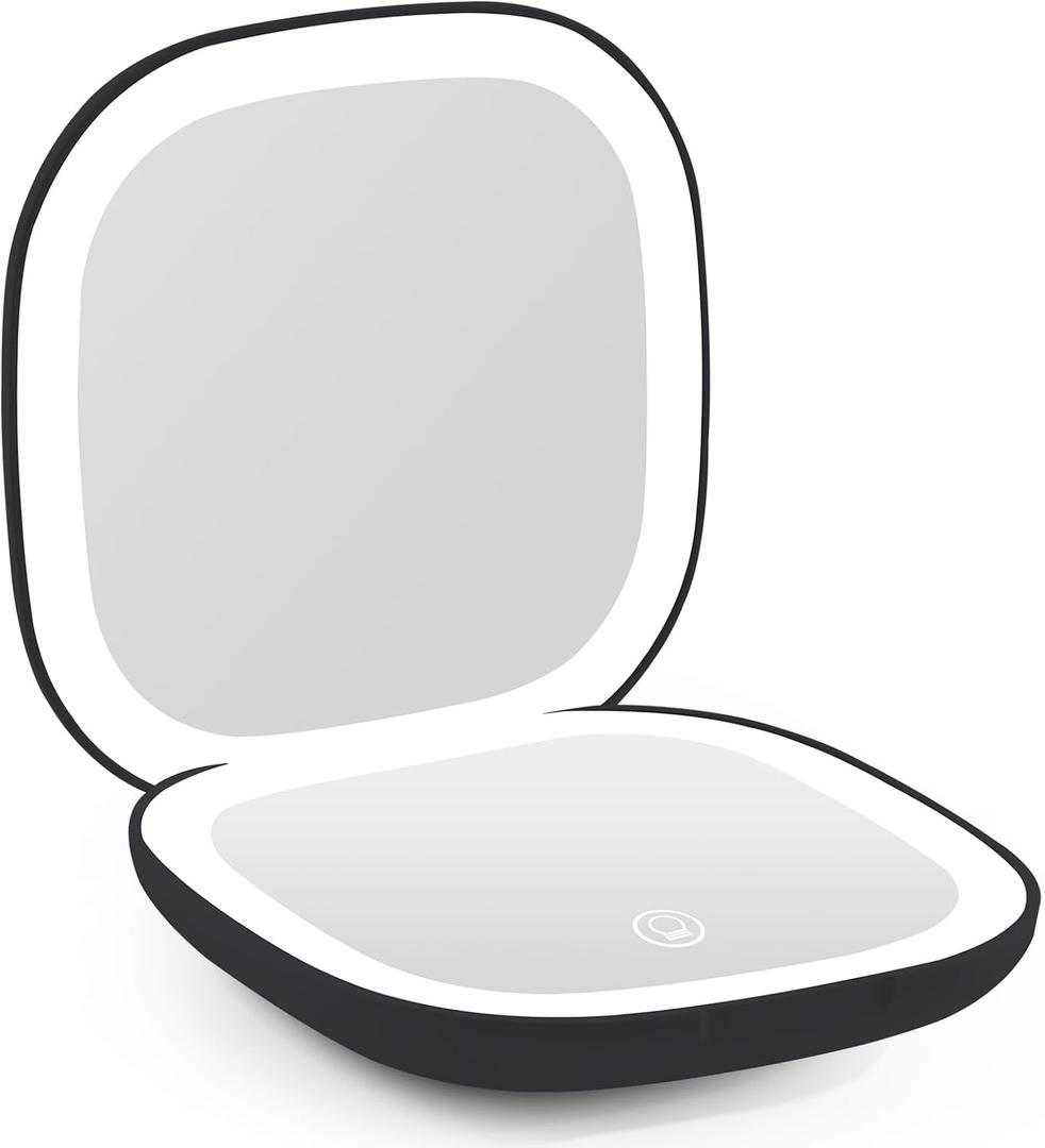 Compact Magnifying Travel Makeup Mirror with LED Light - 3.5 inches 1X/10X Magnification Small Hand Pocket Dimmable Double Sided USB Rechargeable Touch Screen, Portable Tabletop Cosmetic (Black)