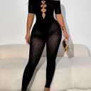 WEICHUJIAN Women Sexy See through Hollow Mesh Leopard Print Rhinestone Club Short Sleeve Bodycon Jumpsuit (Black, XL)