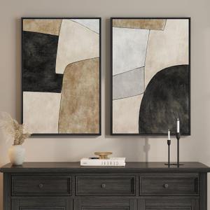 Framed Beige Black Abstract Wall Art for Living Room, Set of 2 Minimalist Geometric Neutral Artwork for Walls, Large Contemporary Painting Print for Bedroom Hallway Home Office Wall Decor, 24x36 Inch