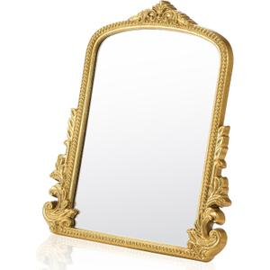Vintage Vanity Makeup Desk Makeup Mirror Antique Gold Tabletop Mirror 11.8" x 9.6" Arch Table Mirror with Stand Vintage Room Decor for Living Room, Bedroom Dresser, Desktop