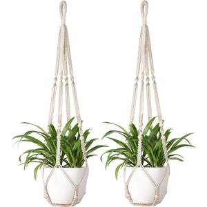 Mkono Macrame Plant Hanger Indoor Hanging Planter Basket with Wood Beads Decorative Flower Pot Holder No Tassels for Indoor Outdoor Boho Home Decor 35 Inch, Ivory, Set of 2 (POTS NOT Included)