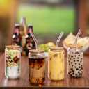 Drinking Glasses with Bamboo Lids and Glass Straw 4pcs Set - 16oz Glass Cups, Iced Coffee Glasses, Cute iced Tea Glasses, Beer Glasses, Ideal for Coffee Bar Accessories, Aesthetic Gift - 2 Brushes, 14 Piece Set