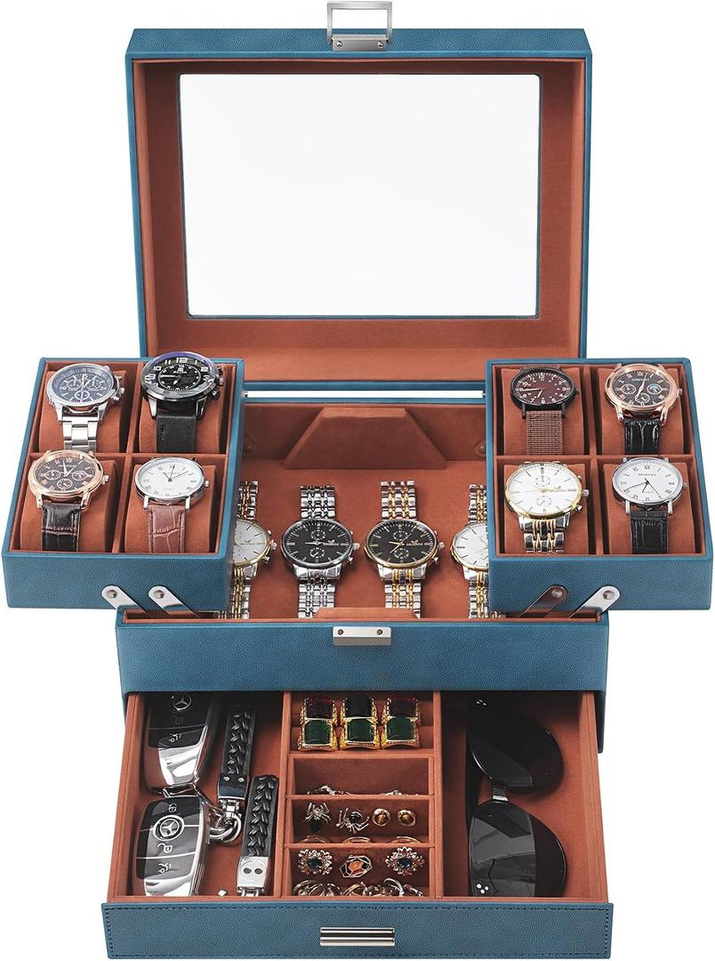 Dajasan Watch Box, Watch Case for Men, 8 Slot Watch Display Case, Watch Holder Organizer, 3 Layers PU Leather Watch Storage Case for Father's Day, Birthday, Christmas, New Year (Blue)