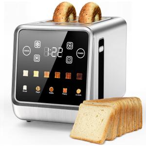 Toaster 2 Slice Wide Slot Stainless Steel Digital Toasters Best Rated Prime Touch Screen Toaster for 5 Bread Types/6 Shade Settings/Single Slot Toasting/Memory Function/Defrost/Reheat
