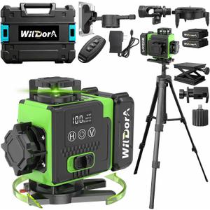 16 Line Laser Level, 4x360° Green Laser Leveler, ±4° Auto Self Leveling, 2x4800mAh 48H Runtime Batteries, Long Range Remote, Laser Level Kit with Tripod and Hard Case for DIY & Renovation