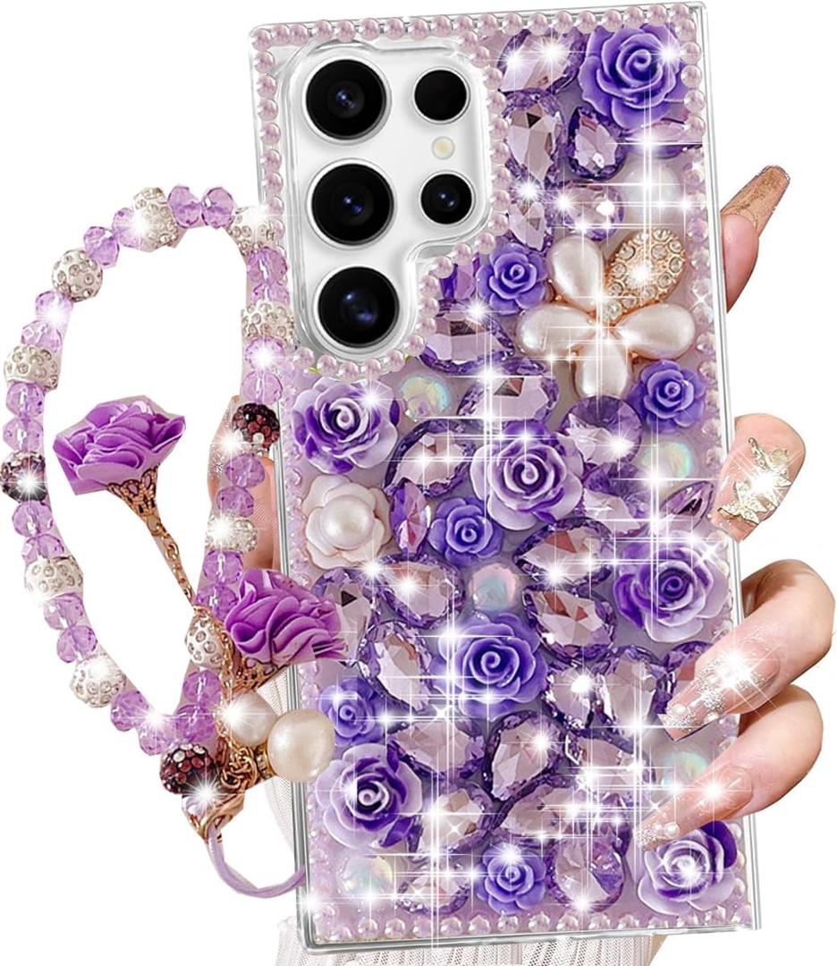 Changjia for Samsung Galaxy S25 Ultra Glitter Bling Case,Cute Luxury 3D Sparkle Crystal Rhinestones Flowers Diamond Pearl with Lanyard Wrist Strap Women Girls Case for Galaxy S25 Ultra 6.9 Inch,Purple
