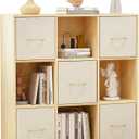 9 Cube Storage Organizer - Solid Wood Bookshelf with 5 Storage Bins, Cube Shelf with 3 Removable Back Panels, Vertical or Horizontal Bookcase, Open Book Shelf for Bedroom, Living Room, Office