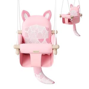 Wooden Baby Swing with Safety Belt - Adjustable Infant & Toddler Swings for Indoor/Outdoor Use, Includes Mounting Hardware (Fox Design, Pink)
