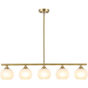 BYOLIIMA Modern Brushed Brass Linear Chandelier Over Table Frosted Striped Glass Shade Gold Mid Century Sputnik Globe Pendant Light Farmhouse Ceiling Hanging Light Fixture Dining Room Kitchen Island