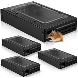 4 Packs Mouse Traps Multi Catch Rat Clear Top Mice Trap Rodent Humanized Black Rat Trap for Indoor Outdoor Control Pet and Security