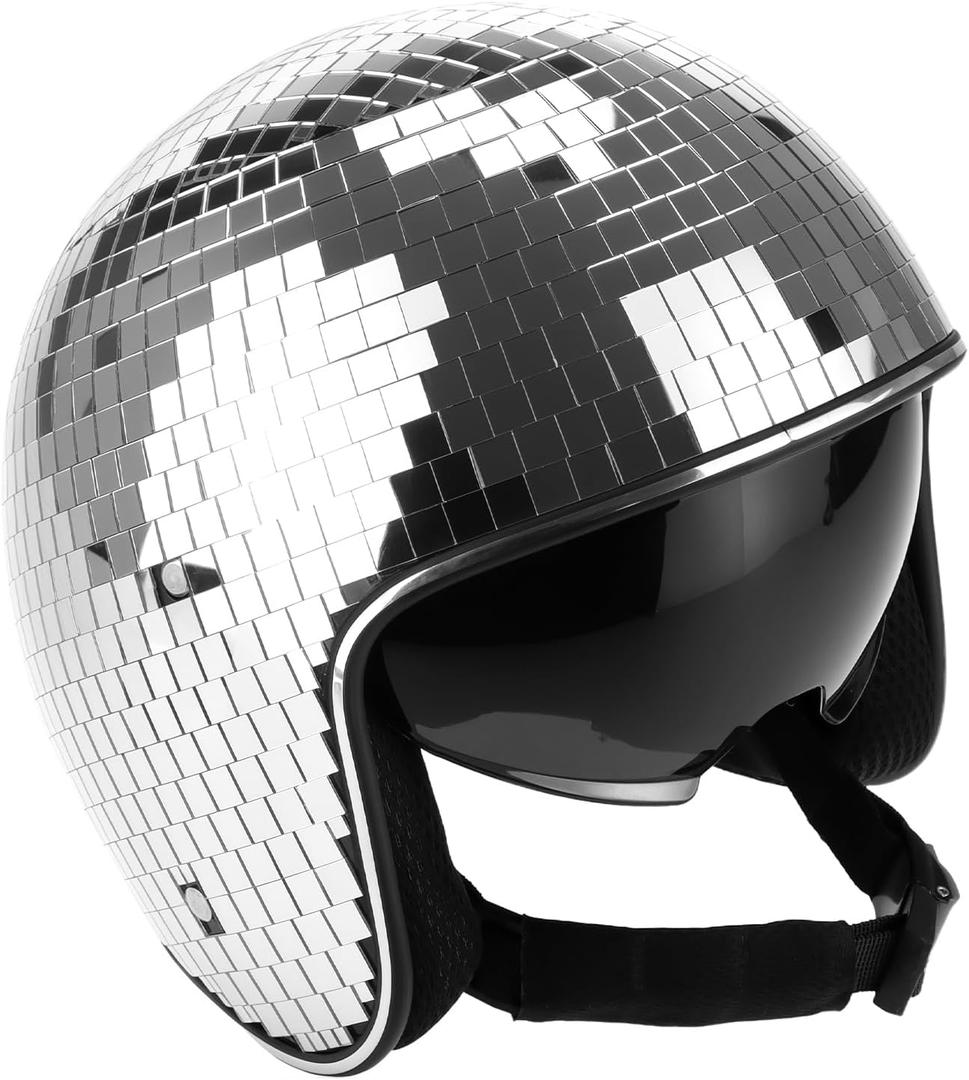 QWORK Disco Ball Helmet Party Decoration with Retractable Visor and Cowboy Hat Design - Handmade Glitter Glass Cap, 39 oz. Weight, One Size
