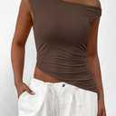 PRETTYGARDEN Womens Off The Shoulder Y2K Tops 2026 Summer Sleeveless Asymmetrical Ruched Going Out Tank Top Fashion Clothing (Brown, S)