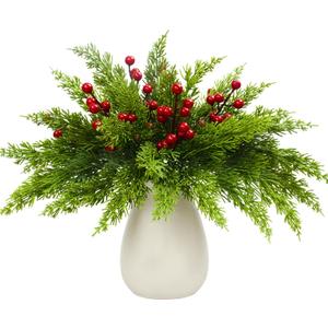 45 Pcs Christmas Artificial Pine Branches with Red Berry Stems 13" Faux Evergreen Norfolk Pine Cypress Leaves Stems Fake Foliage Pine Needles Picks for DIY Craft Garland Indoor Home Decor