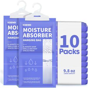 Ksend Moisture Absorbers 10 Pack, 9.8 Oz Compact Dehumidifier Bags & Packs, Moisture Hanging Bag, Humidity Absorbers, Closet Deodorizer Against Musty Odors, 11.8'' x 6.3''