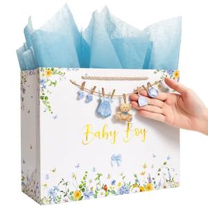 Crisky 13" Large Baby Boy Gift Bag with Tissue Paper, Gift Card and Bow for Baby Shower Boy's Kid's Birthday Party decoration (Features a Babysuit Banner and Blue Bow)