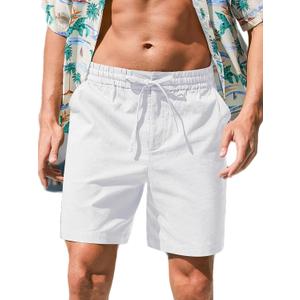RQP Mens Cotton Linen Shorts Casual Drawstring 7inch Inseam Shorts Stretch Summer Beach Wear (Large, White)