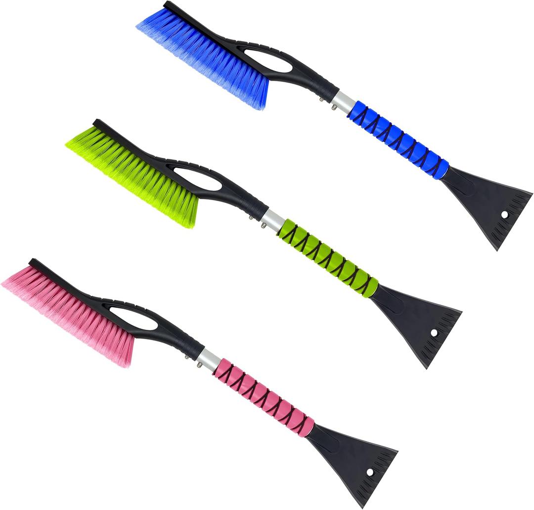 27" Snow Brush and Ice Scrapers for Car Windshield (3 Pack), Window Scraper with Ergonomic Foam Grip, Snow Removal for Car, Must Have Winter Car Accessories (Green, Blue & Pink)