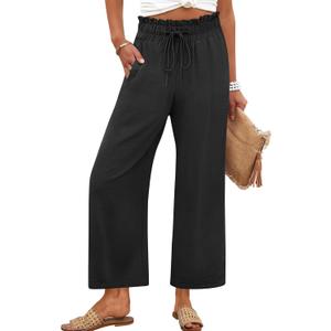 ANRABESS Women 2025 Summer Casual Flowy Loose High Waist Boho Wide Leg Cropped Palazzo Lounge Beach Vacation Pants Trousers (Small, Black)