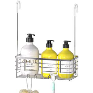 DELLAN Hanging Shower Organizer, Shower Rack with Hooks Over the Door, Bathroom Shower Caddy and Basket (11"D x 4.7"W x 3.9"H, Silver)