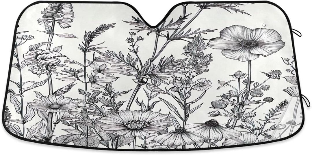 Black and White Flowers Windshield Sun Shade - Foldable Car Front Window Sunshades for Most Sedans SUV Truck - Blocks UV Rays and Keeps Your Vehicle Cool