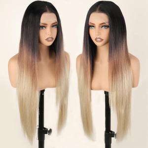 SOKU 13x6 Long Straight Lace Front Wigs 32 Inch Ombre Black Brown Blonde Lace Frontal Wigs with Baby Hair Glueless Free Part 3 Tone Ombre Color Synthetic Wigs Pre Plucked for Women Ready to Wear