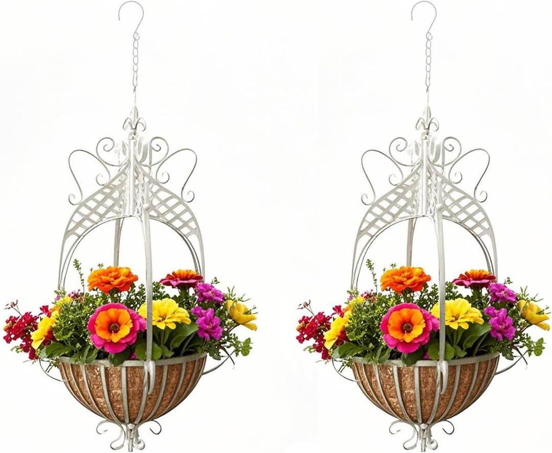2 Pack Large Hanging Planter for Outdoor Indoor Plants, 12.6-Inch Rustic Metal Hanging Basket for Farmhouse, Patio,Porch,Deck, or Garden - White