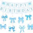 Blue Bow Happy Birthday Banner and Hanging Swirls Coquette Bow Party Decorations for Girls Women Bow Theme Birthday Party Supplies