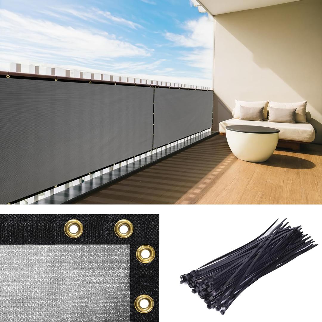 Royal Shade 3' x 10' Grey Balcony Privacy Screen Apartment Above Railing Porch Patio Fence Windscreen Cover Netting Mesh Fabric Cloth - Cable Zip Ties Included (Gray)