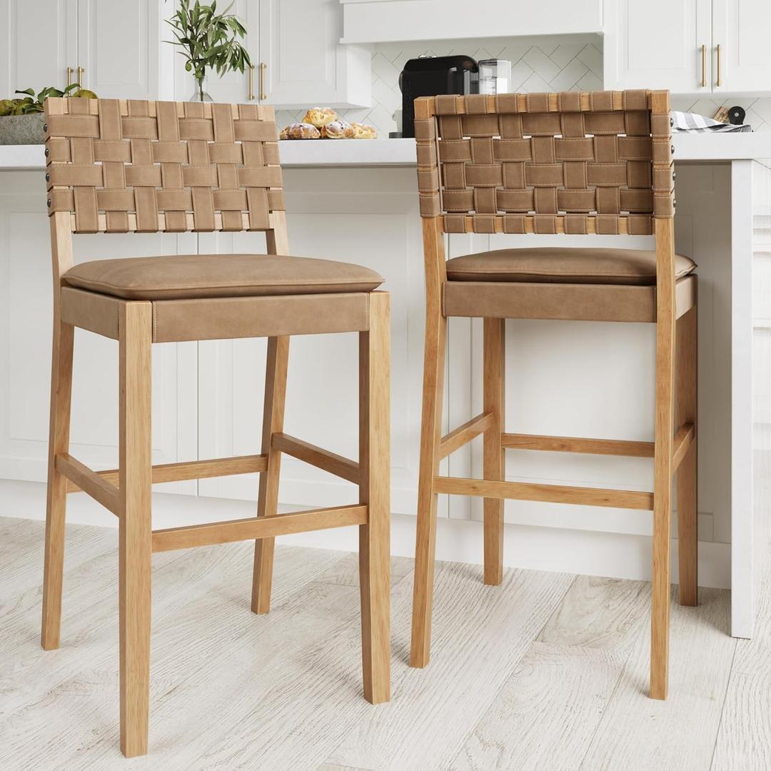 Nathan James Cohen Mid-Century Modern 29 in. Wood Bar Stool, Upholstered Faux Leather Bar Height Stool with Solid Wood Frame, Natural Brown, 2 Pieces